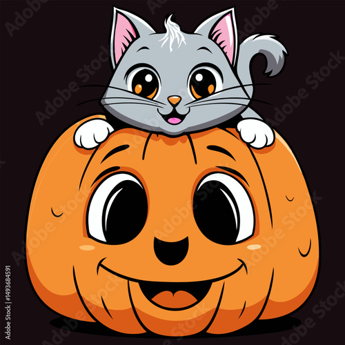 Adorable gray kitten perched atop a friendly jack o lantern pumpkin