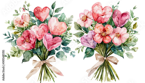 Fototapeta Naklejka Na Ścianę i Meble -  watercolor paintings of two lush bouquets featuring pink and purple blooms tied with ribbon and surrounded by delicate green foliage.