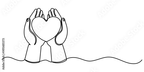 hand holding love shape Hands holding a heart are outlined in a continuous one line drawing, placed on white or transparent background continuous one line drawing, Hand.                      