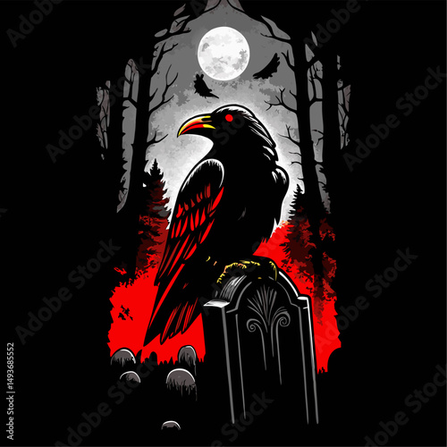 Ominous raven perched on tombstone in dark forest