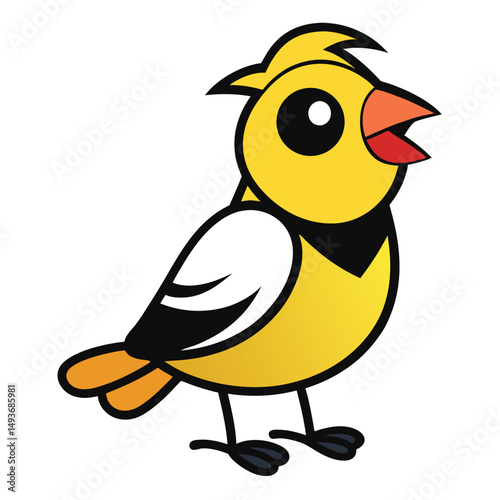 Cheerful cartoon yellow bird with open beak appears to sing happily on a white background