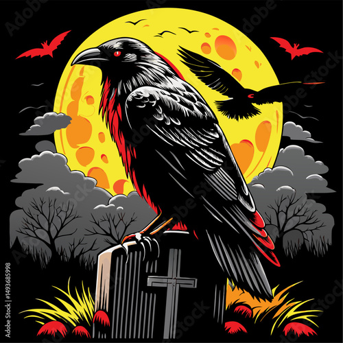 Gothic raven perched on tombstone under halloween moon