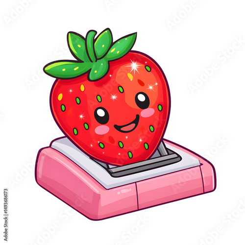 A cartoon stapler shaped like a strawberry, smiling face and sparkles, isolated on transparent background 