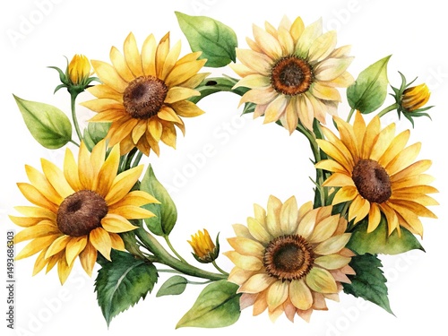Wallpaper Mural Watercolor Sunflower Wreath with Buds and Leaves on a White Background Torontodigital.ca