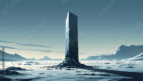 Alien monolith in icy wasteland. Minimalist vector of strange structure in a frozen sci-fi environment.