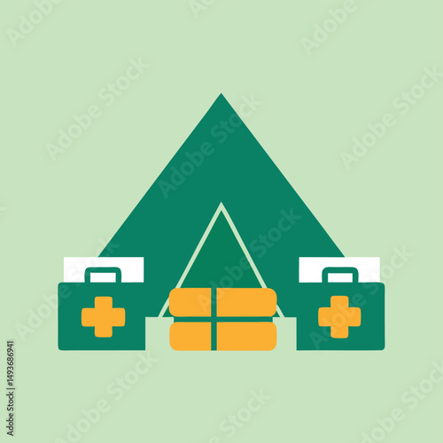 Camping and first aid conceptual illustration with tent and medical kits