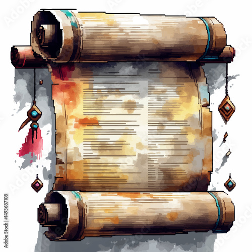 Pixel scroll vector. Watercolor magic item with ancient fantasy style.