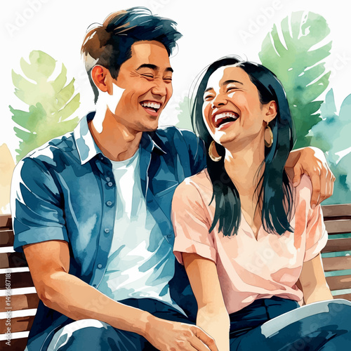 Laughing couple vector. Interracial joy in soft watercolor.
