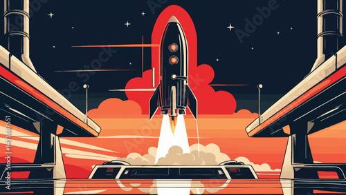 Retro rocket launch. Atomic-age chrome rocket taking off from spaceport in retro-futuristic vector style.