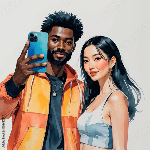Mirror selfie vector. Interracial couple in modern love.