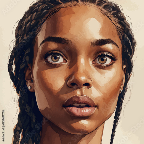 Surprised Black woman. Watercolor reaction with expressive energy.