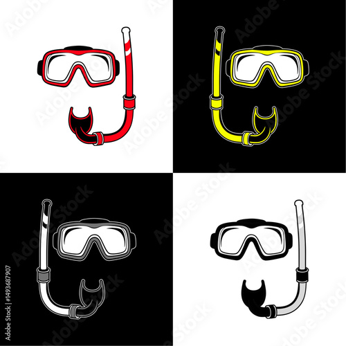 Snorkel gear icon in colorful and black&white designs on contrastic background for underwater adventure and exploration concept