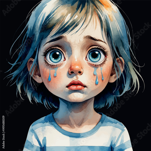 Crying child portrait. Watercolor expression of sadness and innocence.