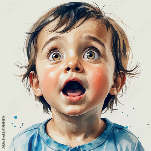 Wonder child portrait. Watercolor reaction of innocence and awe.