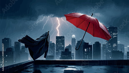 Rooftop mystery in lightning storm. Neo-noir vector legend with red umbrella and dramatic skyline.