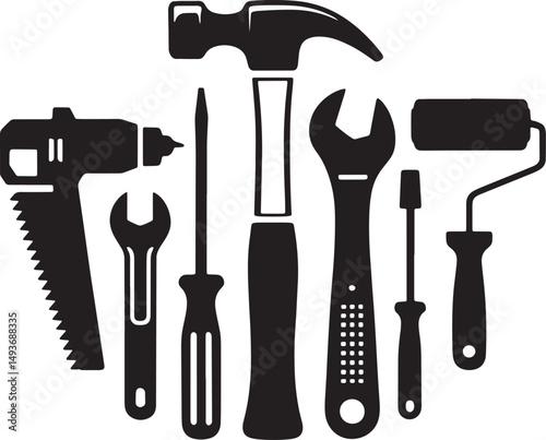 Essential Tools Collection Black Silhouettes for Construction and Home Improvement Projects