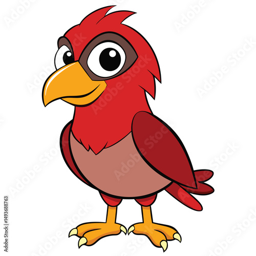 Red cartoon bird with amber beak and feet stands on white background