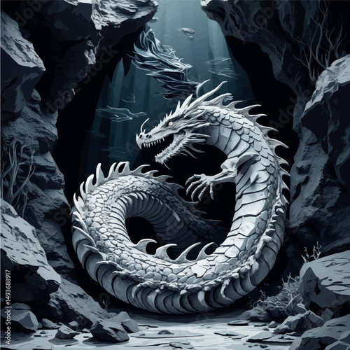Fossil sea dragon in trench. Linocut-style fantasy vector with ancient bones and oceanic depth.