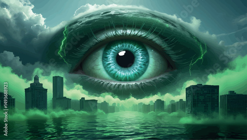 Eldritch eye above drowned city. Vector horror fantasy of reality bending in apocalyptic vision.