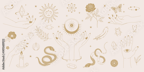Mystical boho doodle set with hands, eyes, snakes, plants, crystals and moon symbols. Beige and gold color scheme. Ideal for tattoos, stickers, posters, witchy and spiritual designs.
