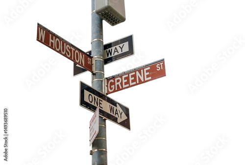 West Houston Street and Greene Street street signs in the Soho Cast Iron Historic District. Transparent background.