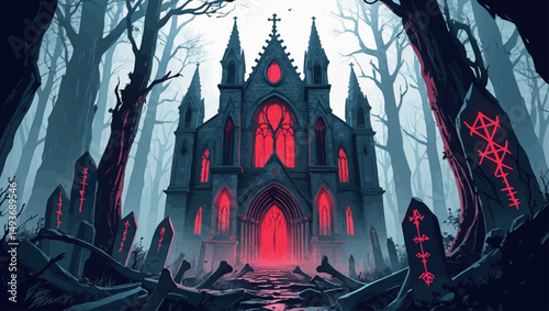 Cursed gothic cathedral in bone forest. Dark fantasy vector art with glowing red runes and foggy atmosphere.