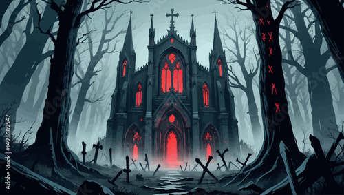 Cursed gothic cathedral in bone forest. Dark fantasy vector art with glowing red runes and foggy atmosphere.