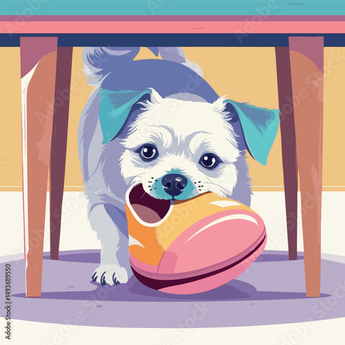 Dog under table with chewed slipper – guilty and funny flat vector illustration