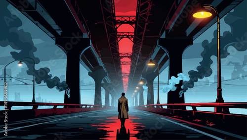 Figure under crimson overpass. Vector urban noir mystery with red glow and foggy streets.
