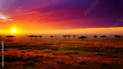 Scenic vast grassland with scattered acacia trees bathed in the golden light of a vibrant sunrise with colorful sky.