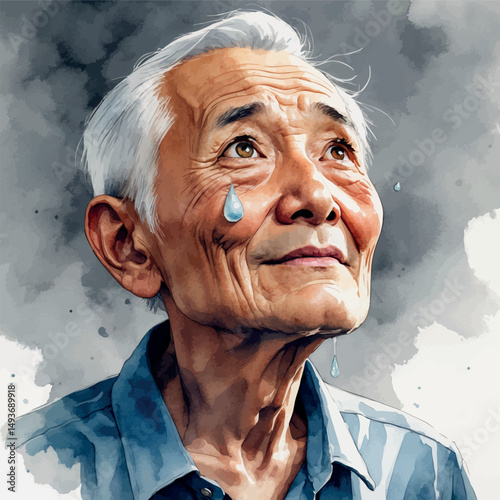 Hopeful elderly man. Watercolor portrait of emotion and grace.