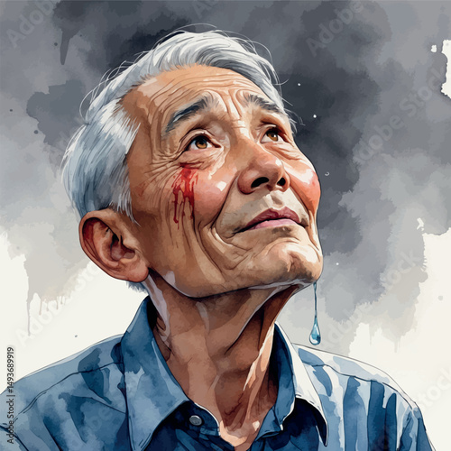 Hopeful elderly man. Watercolor portrait of emotion and grace.