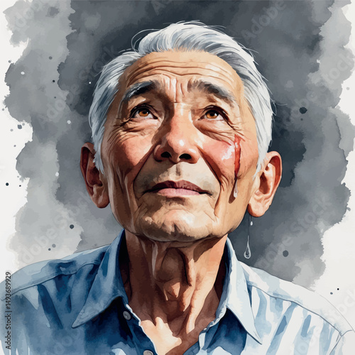Hopeful elderly man. Watercolor portrait of emotion and grace.