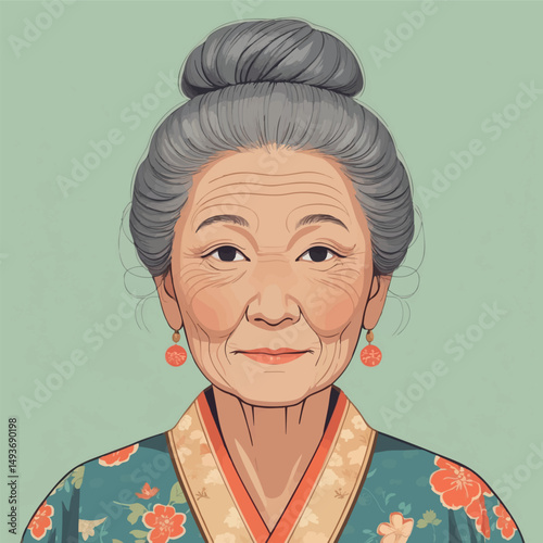 Peaceful elderly woman. Watercolor portrait of calm and wisdom.