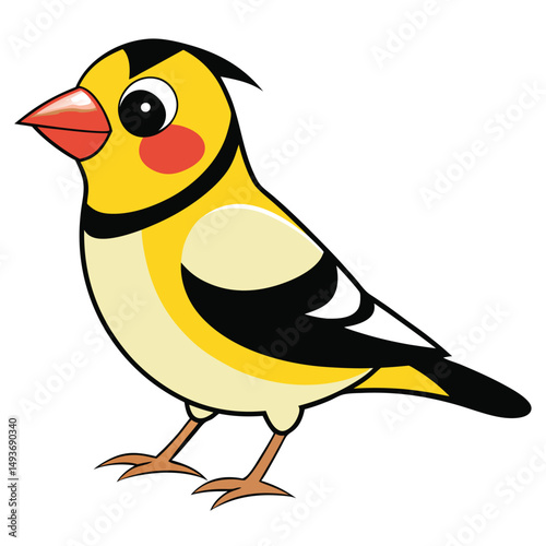 Cartoon goldfinch stands cheerfully with bright yellow plumage and a lovely black accent