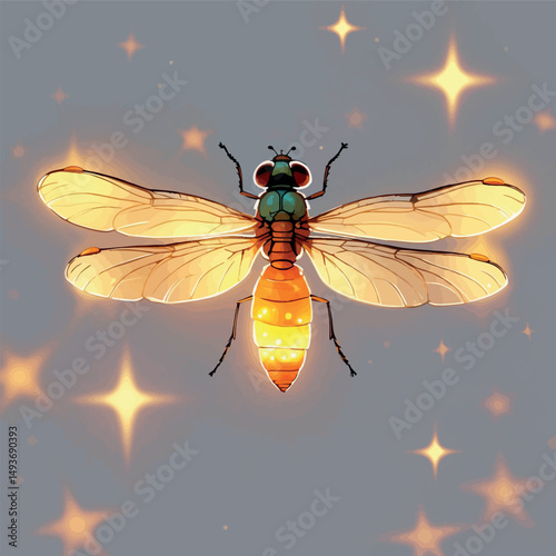 Firefly vector. Watercolor insect with luminous belly and dreamy night style.