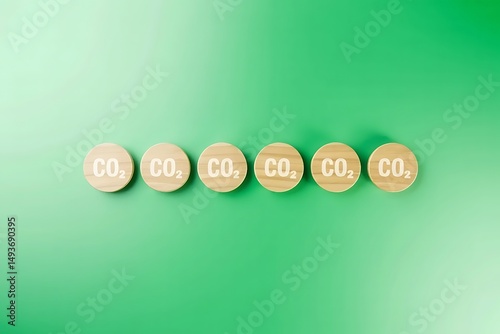Wooden discs with co2 text on green background.