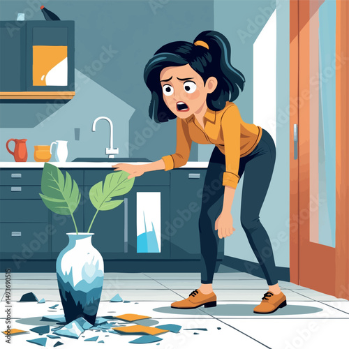 Woman broke vase – guilty reaction cartoon vector illustration with funny expression