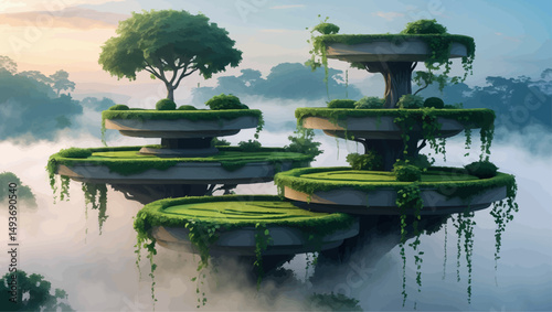 Sky garden terraces at dawn. Immersive vector landscape with mist and layered greenery.