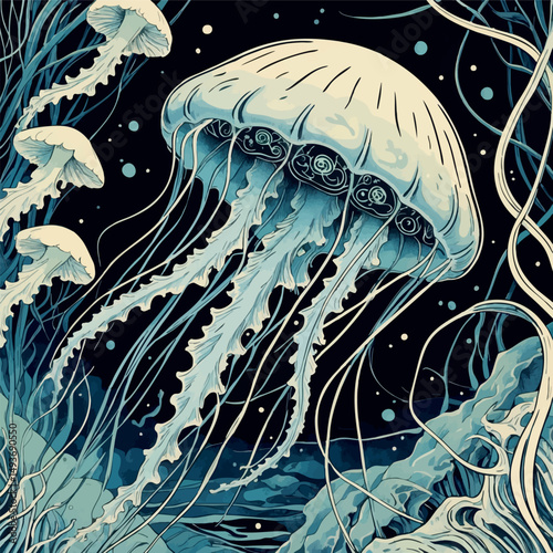 Bioluminescent jellybeast. Deep sea fantasy vector in linocut style with glowing inner symbols.