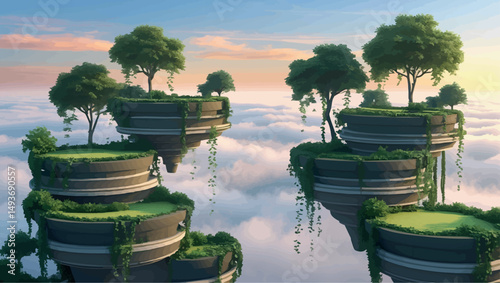 Sky garden terraces at dawn. Immersive vector landscape with mist and layered greenery.