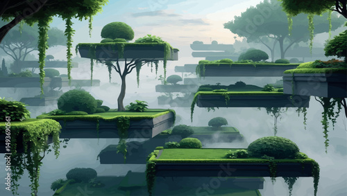 Sky garden terraces at dawn. Immersive vector landscape with mist and layered greenery.