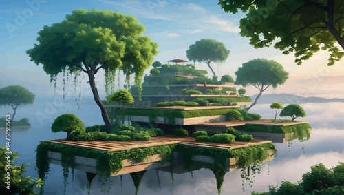Sky garden terraces at dawn. Immersive vector landscape with mist and layered greenery.