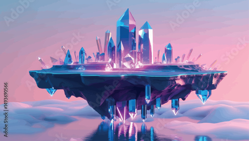 Futuristic floating island city. Surreal vector scene with neon crystals and advanced architecture in the sky.