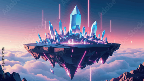 Futuristic floating island city. Surreal vector scene with neon crystals and advanced architecture in the sky.