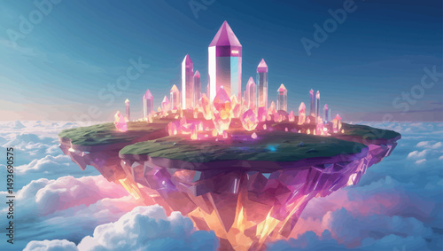 Futuristic floating island city. Surreal vector scene with neon crystals and advanced architecture in the sky.