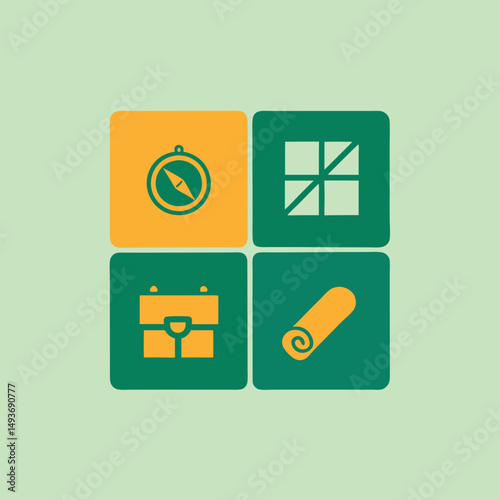 Geometric icon set featuring compass suitcase window and rolled yoga mat illustrations