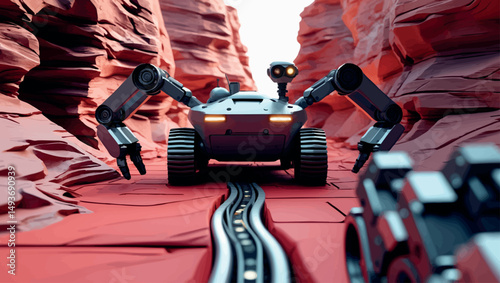 Futuristic canyon rover. Top-down vector view of robotic vehicle exploring alien red terrain maze.