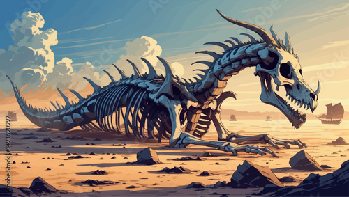 Skeletal dragon in dry ocean. Apocalyptic fantasy vector of dead beast and shipwreck wasteland.