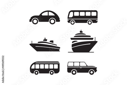 Transport Icons Set Car, Bus, Ship, and Vehicle Silhouettes Vector